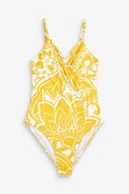 Yellow Wrap Plunge Tummy Shaping Control Swimsuit