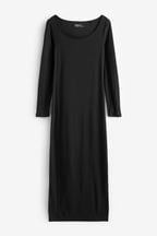Black Scoop Neck Long Sleeve Ribbed Maxi Dress