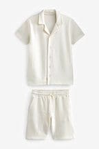 Cream Textured Waffle Short Sleeve Shirt and Shorts Set (3-16yrs)