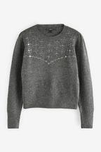 Grey Jeweled Knitted Jumper