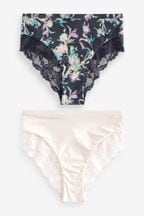 Navy Blue Floral Print/Cream High Rise Lace Trim Knickers 2 Pack