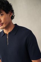 Navy Blue Knitted Bubble Textured Regular Fit Polo Shirt