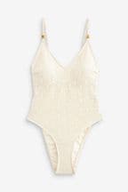 Ecru White Textured Tummy Control Textured Plunge Shaping Swimsuit