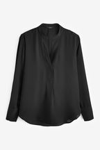 Black Long Sleeve Overhead V-Neck Relaxed Fit Blouse