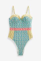 Teal/Pink Foil Woodblock Cupped Wired Tummy Shaping Control Swimsuit