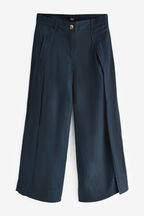 Navy Blue Linen Blend Wrap Wide Trousers