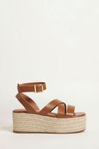 Simply Be Extra Wide Fit Brown Espadrille Flatform Wedges with Crossover Upper Straps