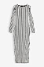 Black/White Monochrome Striped Ribbed Maxi Dress