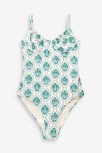 Cream/Blue Woodblock Ruched Non Padded Underwired Shaping Swimsuit