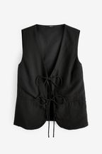 Black Linen Blend Tie Front Waistcoat