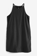 Black Linen Blend High Neck Mini Dress