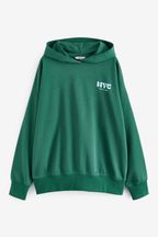 Dark Green Oversized Relaxed Fit New York Back Graphic Longline Hoodie