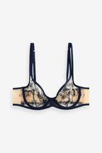 Navy Blue Non Pad Balcony Floral Embroidered Bra