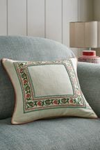 Nina Campbell Coral Pink Suzani Floral Embroidered Border Feather Filled Cushion