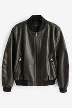 Black Distressed Faux Leather Bomber Jacket