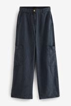 Navy Blue TENCEL™ Linen Blend Cargo Wide Leg Trousers