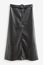 Black PU Belted Midi Skirt