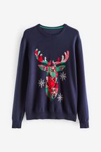 Navy Blue Reindeer Regular Christmas Mens Knitted Jumper