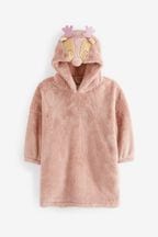Pink Reindeer Christmas Print Soft Fleece Hooded Blanket (3-16yrs)