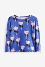 Blue Pink Flower T-Shirt Cotton-Rich Long Sleeve Rib T-Shirt (3mths-7yrs)