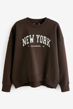 Chocolate Brown Bouclé New York City Graphic Slogan Sweatshirt