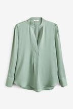 Sage Green Long Sleeve Overhead V-Neck Relaxed Fit Blouse
