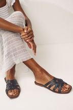 Black Regular/Wide Fit Forever Comfort® Leather Lattice Mules Sandals