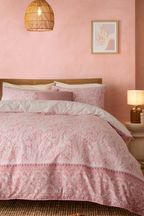 Pink Woodblock Reversible 100% Cotton Duvet Cover and Pillowcase Set