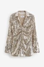 Champagne Gold Long Sleeve Sequin Ruched Shirt