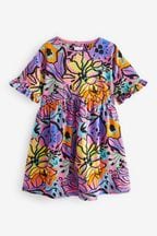 Purple Tropical Print Short Sleeve Cotton Jersey Dress (3-16yrs)