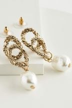 Gold Tone Recycled Metal Chain Link Pearl Drop Earrings