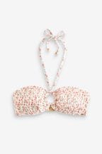 Pink/Ecru Ditsy Floral Bandeau Shirred Ring Front Bikini Top