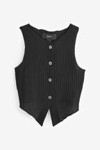 Black Button Front Textured Rib Soft Knit Stretch Jersey Waistcoat Top