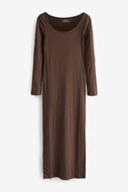 Chocolate Brown Scoop Neck Long Sleeve Ribbed Maxi Dress