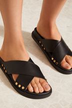 Friends Like These Black Cross Strap Studded Footbed Faux Leather Slider Sandals