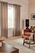 Tan Brown Herringbone Weave Lined Eyelet Curtains