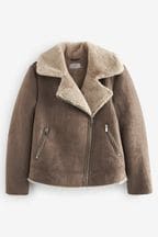 Mink Brown Faux Suede Biker Jacket with Faux Fur Collar