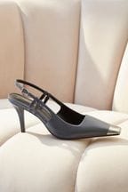 Grey Premium Leather Metal Chisel Toe Slingback Heel Shoes