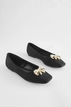 Black Forever Comfort® Square Toe Bow Trim Ballerina Shoes