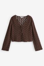 Chocolate Brown Crochet Knit Tie Detail Textured Cardigan