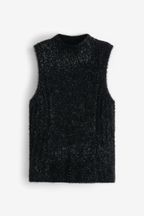 Black Sparkle High Neck Tinsel Knitted Tank Vest