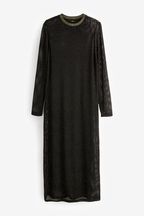 Black/Gold Crochet Mesh Sparkle Sheer Long Sleeve Midi Length Dress