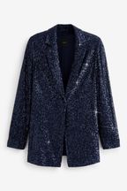 Navy Blue Single Breasted Sequin Blazer