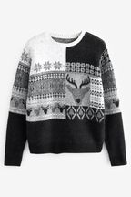 Black/White Regular Reindeer Christmas Mens Knitted Jumper
