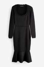 Black Square Neck Stitch Detail Long Sleeve Knitted Midi Dress
