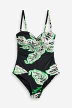 Black/Green Floral Tummy Shaping Control Bandeau Swimsuit