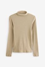 Neutral Long Sleeve Ribbed Roll Neck Top