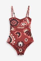 Berry Red Woodblock Tummy Shaping Control Bandeau Swimsuit