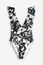 Black/Cream Butterfly Frill Plunge Tummy Shaping Control Swimsuit
