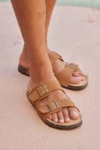 Tan Brown Leather Double Strap Sandals